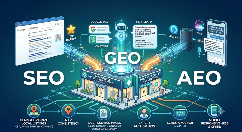 : SEO, GEO, & AEO Strategies for Medical Clinics